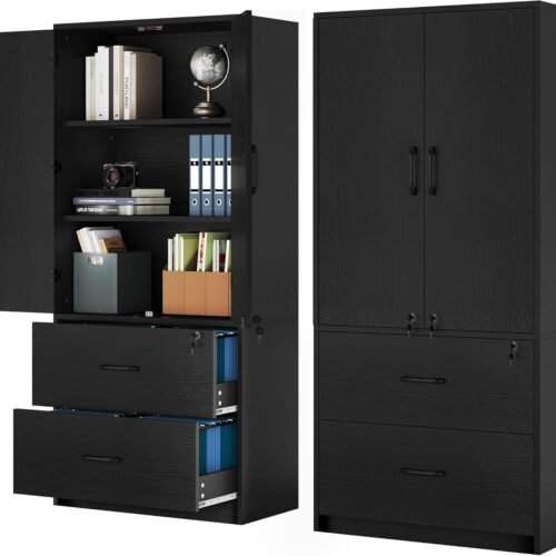 YITAHOME Wood File Cabinets, Heavy Duty Garage Tool Cabinets with Doors & Adjustable Shelves, Big Storage Filing Lockers for Home Office, Living Room, Pantry, Gym, Basement, Warehouse, Black