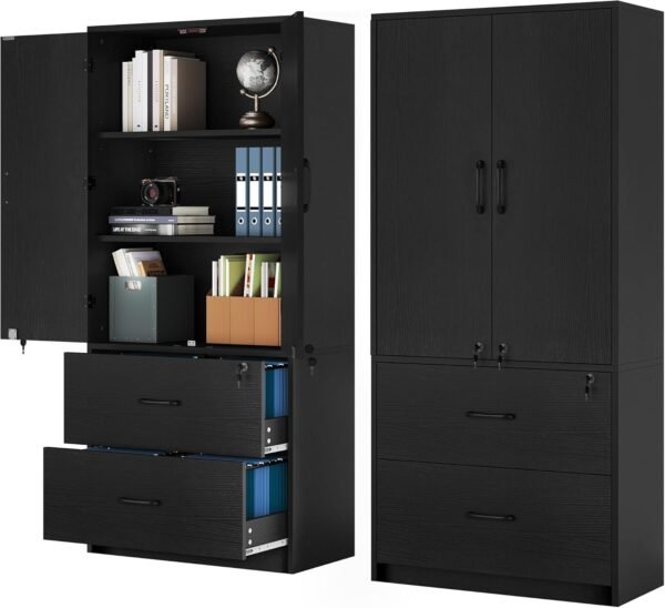 YITAHOME Wood File Cabinets, Heavy Duty Garage Tool Cabinets with Doors & Adjustable Shelves, Big Storage Filing Lockers for Home Office, Living Room, Pantry, Gym, Basement, Warehouse, Black