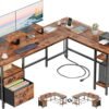 Furologee 66” L Shaped Desk with Power Outlet, Reversible Computer Gaming Desk with File Drawer & 2 Monitor Stands for Home Office with Storage Shelves, Rustic Brown