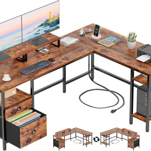 Furologee 66” L Shaped Desk with Power Outlet, Reversible Computer Gaming Desk with File Drawer & 2 Monitor Stands for Home Office with Storage Shelves, Rustic Brown