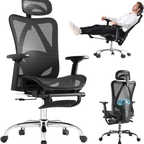 Ergonomic Office Chair, 3-Level Tilt Backrest, 3D Headrest & Armrest and Retractable Footrest, Mesh Breathable SGS Class 4 Gas Clylinder, Dark Grey and Black