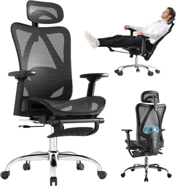 Ergonomic Office Chair, 3-Level Tilt Backrest, 3D Headrest & Armrest and Retractable Footrest, Mesh Breathable SGS Class 4 Gas Clylinder, Dark Grey and Black