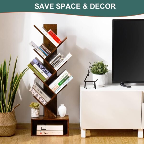 Yoobure Tree Bookshelf - 6 Shelf Retro Floor Standing Bookcase, Tall Wood Book Storage Rack for CDs/Movies/Books, Utility Organizer Shelves Bedroom, Living Room, Home Office, Rustic Brown