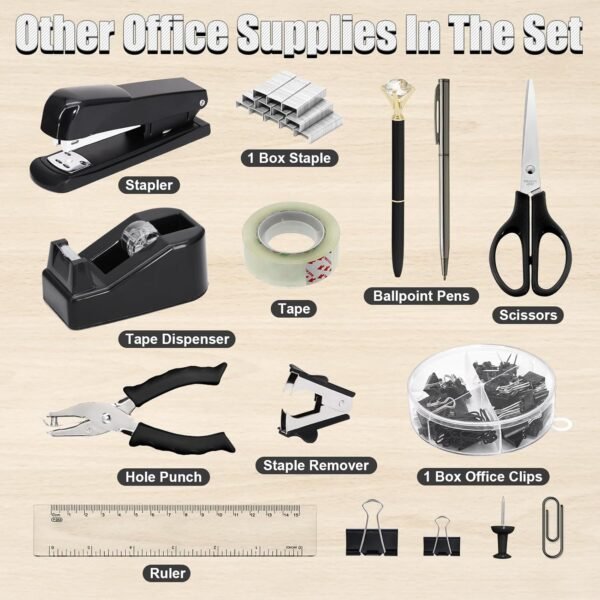 13-in-1 Office Desk Organizer Set with Stapler and Tape Dispenser, Pen Holder, Scissors, Ruler, Hole Punch, 2 Pens & More - All-in-One Desktop Accessories for Home Office School Supplies (Black)