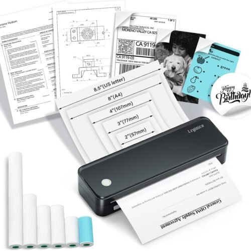 Portable Printer with 6 Rolls Multi-Size Paper, Bluetooth Inkless Thermal Printer Compatible with iOS, Android, Laptop, Used for Travel, Office, Home(Black)
