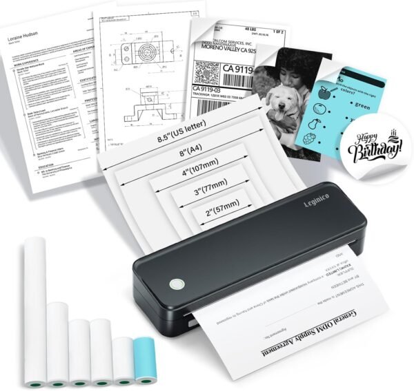 Portable Printer with 6 Rolls Multi-Size Paper, Bluetooth Inkless Thermal Printer Compatible with iOS, Android, Laptop, Used for Travel, Office, Home(Black)