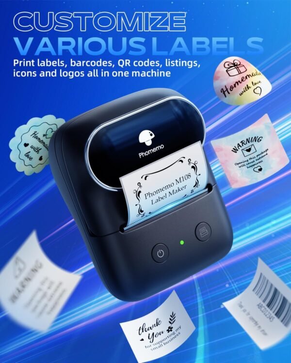 Phomemo Label Maker - M108 Bluetooth Address Label Makers for Small Business, Home, Office, 2 Inch Barcode Label Printer with 300+ Templates, Sticker Printer for Address/Logo/Clothing Label, Black
