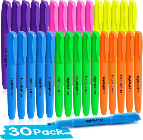 V-Opitos 30 Pack Highlighters in 6 Assorted Colors, No Bleed, Bright With Soft Chisel Tips, Ideal for Office and School Supplies
