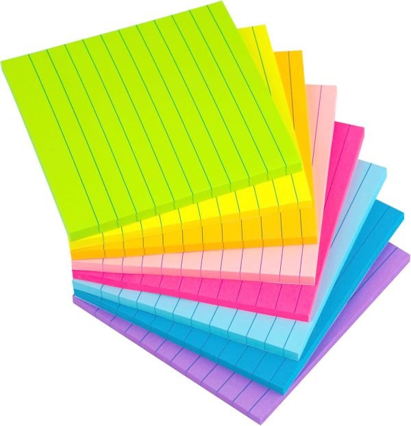 (8 Pack) Lined Sticky Notes 4x4 Bright Stickies Colorful Super Sticking Power Memo Pads, 8 Colors, Strong Adhesive