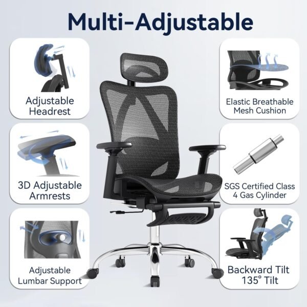 Ergonomic Office Chair, 3-Level Tilt Backrest, 3D Headrest & Armrest and Retractable Footrest, Mesh Breathable SGS Class 4 Gas Clylinder, Dark Grey and Black