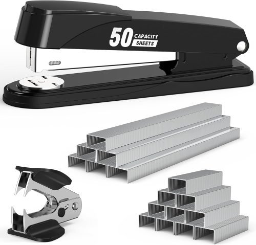 Metal Stapler Heavy Duty 50 Sheet Capacity with 1750 Staples and Staple Remover, Full Strip Staplers for Desk, No Jam, Non-Slip for Office & Classroom, Black