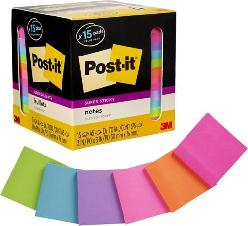 Post-it Super Sticky Notes, Assorted Bright Colors, 3x3 in, 15 Pads/Pack, 45 Sheets/Pad, 2X The Sticking Power, Recyclable, Multi-Color