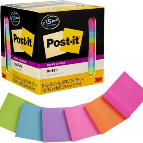 Post-it Super Sticky Notes, Assorted Bright Colors, 3x3 in, 15 Pads/Pack, 45 Sheets/Pad, 2X The Sticking Power, Recyclable, Multi-Color