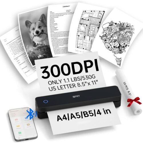 iDPRT Portable Thermal Printer, 300DPI Inkless-Bluetooth Small Mobile Printers Wireless for Travel, Office, Vehicles, Home Use, Supports 8.5" x 11" US Letter, A4 A5, Compatible with iOS, Android, PC