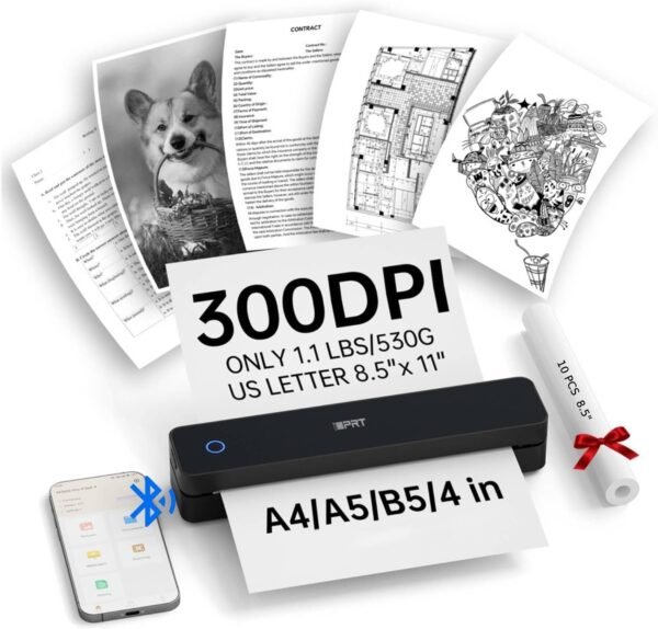 iDPRT Portable Thermal Printer, 300DPI Inkless-Bluetooth Small Mobile Printers Wireless for Travel, Office, Vehicles, Home Use, Supports 8.5" x 11" US Letter, A4 A5, Compatible with iOS, Android, PC