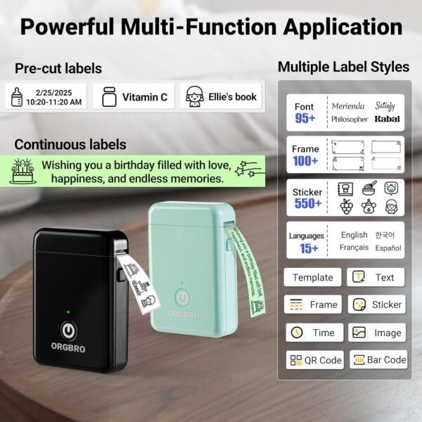 ORGBRO Label Maker Machine with Tape, X1 Portable Thermal Label Printer Support Continuous Waterproof Label & Pre-Cut Label, Bluetooth Small Label Makers with Multiple Templates for School Office Home