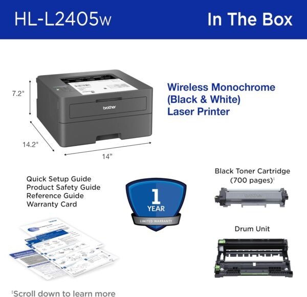 71qPtoB5xHL._AC_SL1500_.jpg Brother HL-L2405W Wireless Compact Monochrome Laser Printer with Mobile Printing, Black & White Output | Includes Refresh Subscription Trial(1), Amazon Dash Replenishment Ready