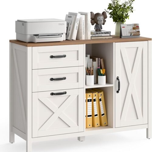 Lateral File Cabinet with 3 Drawers and Door, Farmhouse File Cabinet with Adjustable Shelf for Letter/A4 Size Hanging Files, Printer Stand with Storage Cabinet for Home Office Furniture, White