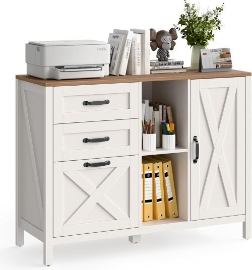 Lateral File Cabinet with 3 Drawers and Door, Farmhouse File Cabinet with Adjustable Shelf for Letter/A4 Size Hanging Files, Printer Stand with Storage Cabinet for Home Office Furniture, White