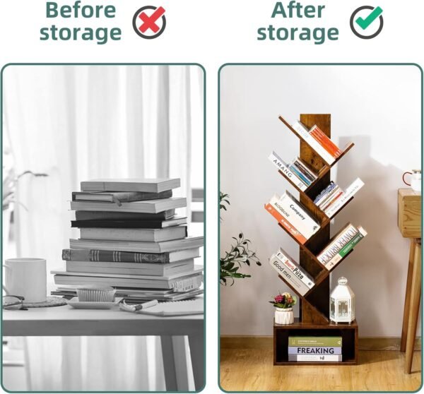 Yoobure Tree Bookshelf - 6 Shelf Retro Floor Standing Bookcase, Tall Wood Book Storage Rack for CDs/Movies/Books, Utility Organizer Shelves Bedroom, Living Room, Home Office, Rustic Brown