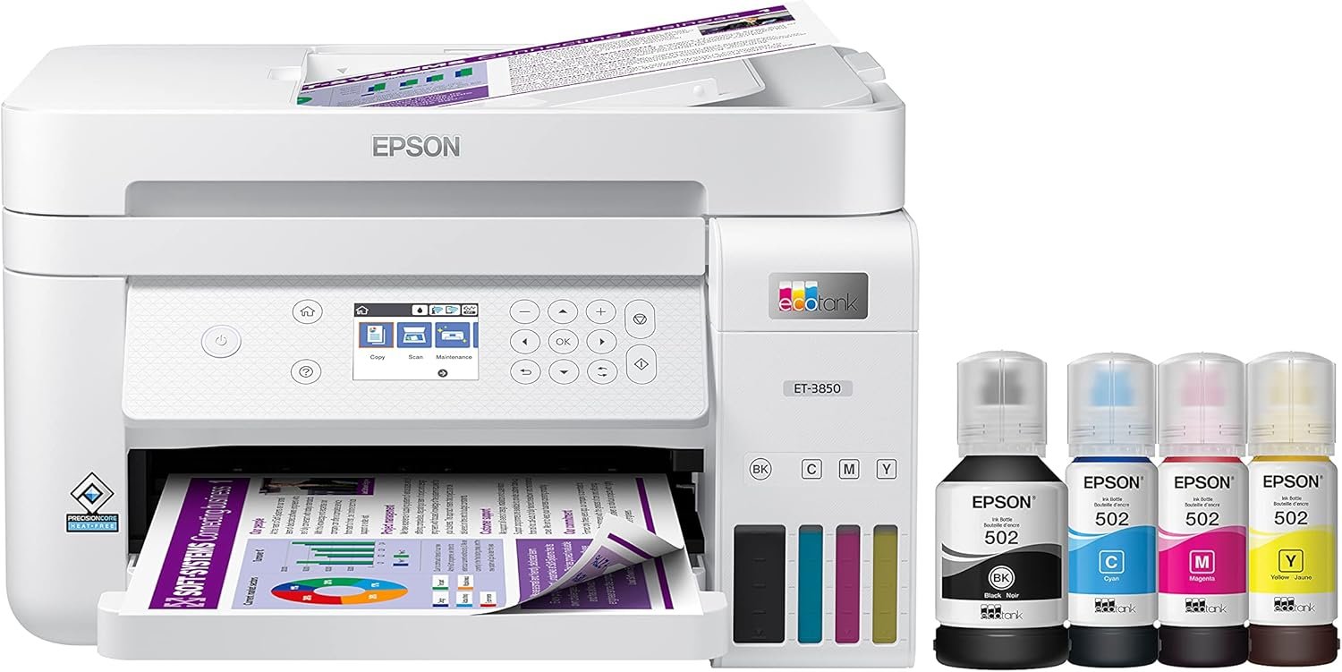 Epson EcoTank ET-3850 Wireless Color All-in-One Cartridge-Free Supertank Printer with Scanner, Copier, ADF and Ethernet – White (Renewed)