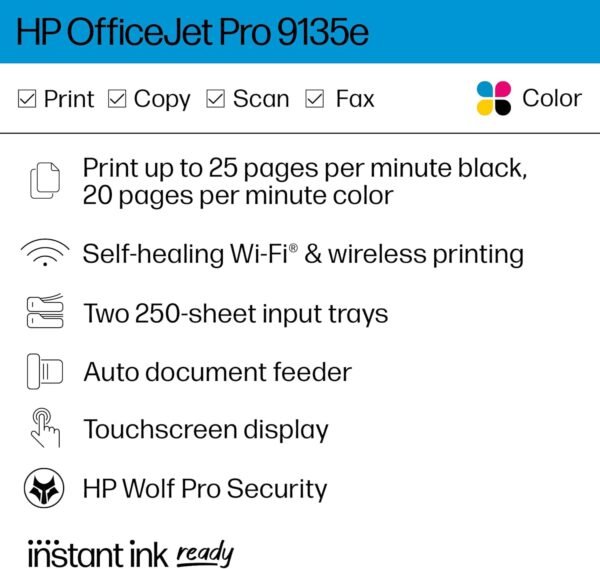 HP OfficeJet Pro 9135e All-in-One Printer, Color, Printer-for-Small Medium Business, Print, Copy, scan, fax, wireless. 3 month Instant Ink trial included ; Two-Sided Printing; Two-Side