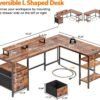 Furologee 66” L Shaped Desk with Power Outlet, Reversible Computer Gaming Desk with File Drawer & 2 Monitor Stands for Home Office with Storage Shelves, Rustic Brown