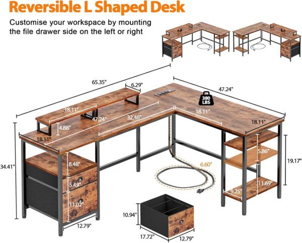 Furologee 66” L Shaped Desk with Power Outlet, Reversible Computer Gaming Desk with File Drawer & 2 Monitor Stands for Home Office with Storage Shelves, Rustic Brown