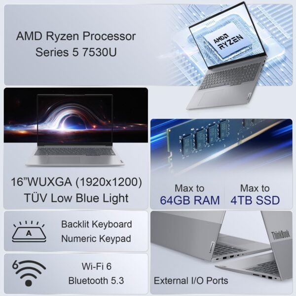 Lenovo ThinkBook 16 Gen 6 Business Laptop, 16" FHD+ Display, 6-Core AMD Ryzen 5 7530U, 16GB RAM, 1TB PCIe SSD, FP Reader, HDMI, SD Card Reader, Backlit Keyboard, Wi-Fi 6, Windows 11 Pro, Grey