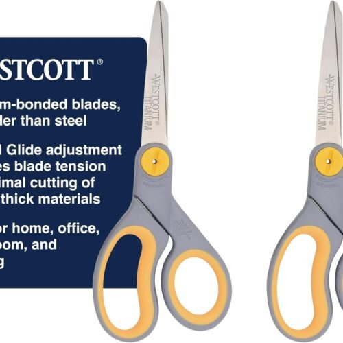Westcott 8-Inch Titanium-Bonded Scissors with Adjustable Glide Feature for Office and Home - Gray/Yellow, 2-Pack