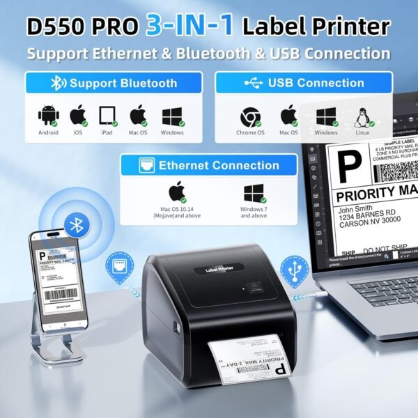 Bluetooth Thermal Label Printer 4x6, Ethernet Shipping Label Printer, D550 Pro Wireless Thermal Shipping Label Printer for Small Business, Office, Home, Support Bluetooth/Ethernet/USB
