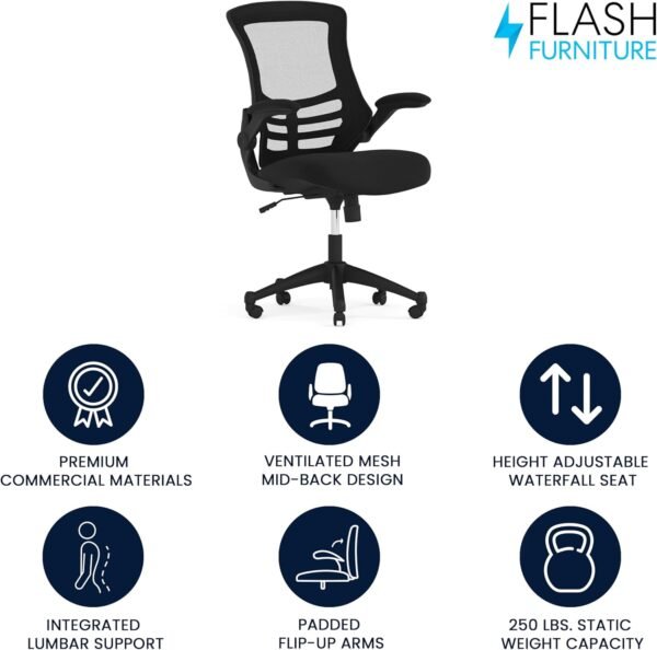71wE8-kRHL._AC_SL1500_.jpg Flash Furniture Kelista Mid-Back Swivel Office Chair with Adjustable Seat Height, Ergonomic Mesh Desk Chair with Flip-Up Armrests, Black