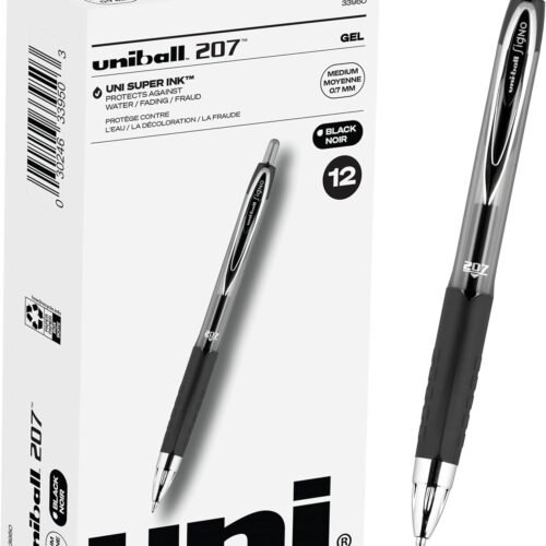 uni-ball 207 Retractable Gel Pens Medium Point, 0.7mm, Black, 12 Pack