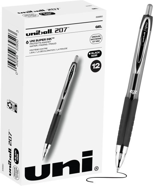uni-ball 207 Retractable Gel Pens Medium Point, 0.7mm, Black, 12 Pack