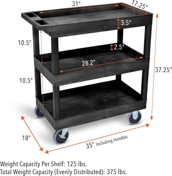 Stand Steady Tubstr 3 Shelf Utility Cart Supports Up to 375 lbs - Heavy-Duty Plastic Service Push Cart with Deep Shelves and 5" Casters, for Offices, Warehouse Storage, Garage (Black, 32 x 18 x 51)