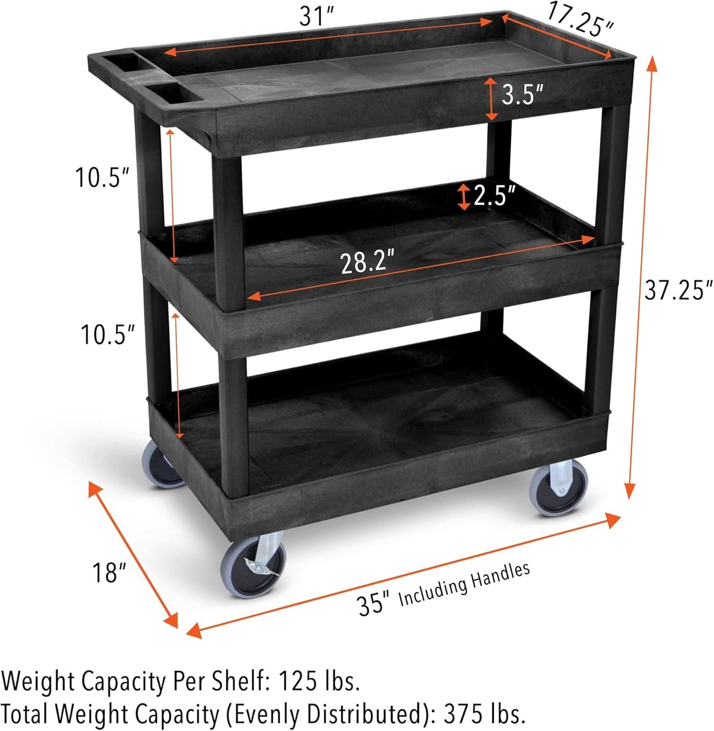 Stand Steady Tubstr 3 Shelf Utility Cart Supports Up to 375 lbs - Heavy-Duty Plastic Service Push Cart with Deep Shelves and 5" Casters, for Offices, Warehouse Storage, Garage (Black, 32 x 18 x 51) - Image 5