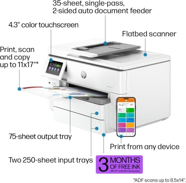 HP OfficeJet Pro 9730e Wide Format Wireless All-in-One Color Inkjet Printer, Print, scan, Copy up to 11x17', ADF, Duplex Printing Best for Office, 3 Month Instant Ink Trial Included (537P6A)