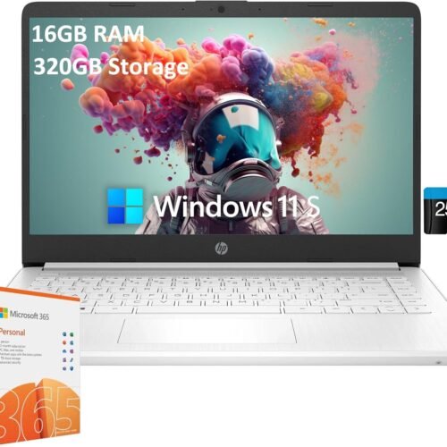 HP 2025 Student Business Laptop, 14" HD Display, Intel Celeron 4-core CPU, 16GB RAM, 320GB Storage(64GB eMMC + 256GB SD Card), 1-Year Office 365, Intel UHD Graphics, Wi-Fi, Windows 11 S, w/Accessories