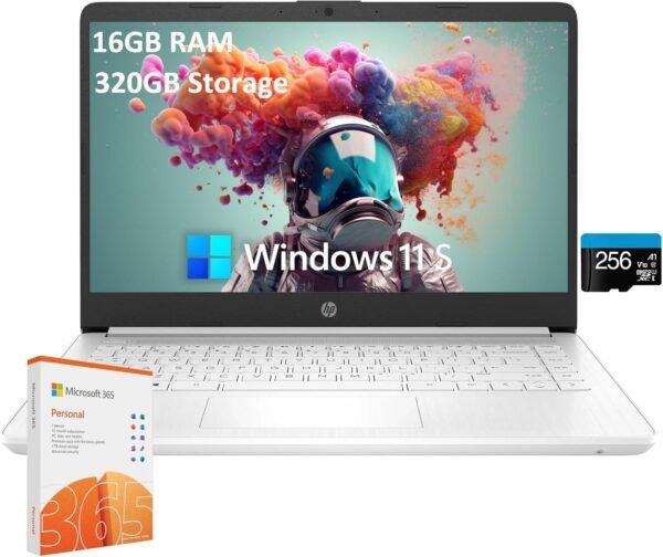 HP 2025 Student Business Laptop, 14" HD Display, Intel Celeron 4-core CPU, 16GB RAM, 320GB Storage(64GB eMMC + 256GB SD Card), 1-Year Office 365, Intel UHD Graphics, Wi-Fi, Windows 11 S, w/Accessories