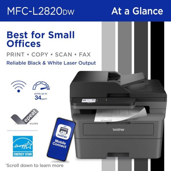 71yO07Sqt9L._AC_SL1500_.jpg Brother MFC-L2820DW Wireless Compact Monochrome All-in-One Laser Printer with Copy, Scan and Fax, Duplex, Black & White | Includes Refresh Subscription Trial(1), Amazon Dash Replenishment Ready