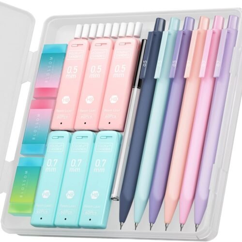 Four Candies Cute Mechanical Pencil Set, 6PCS Pastel Mechanical Pencils 0.5 & 0.7mm with 360PCS HB Pencil Leads, 3PCS Erasers and 9PCS Eraser Refills, Aesthetic Mechanical Pencils for Girls Writing