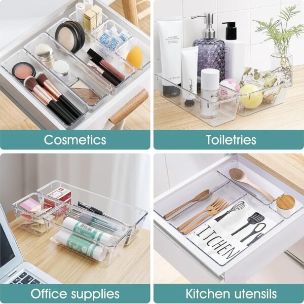 25 PCS Clear Plastic Drawer Organizer Set, 4 Sizes Desk Drawer Divider Organizers and Storage Bins for Makeup, Jewelry, Gadgets for Kitchen, Bedroom, Bathroom, Office