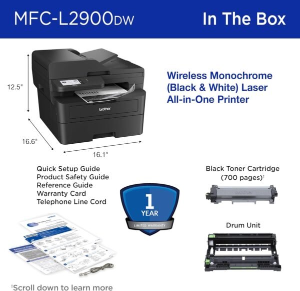 8108e6MERL._AC_SL1500_.jpg Brother Professional Laser Printer with Scanner, High-Speed 36 ppm Monochrome All-in-One, Wireless Duplex Printing and Scanning, Cloud-Ready 3.5 in Touchscreen for Small Business (MFC-L2900DW)