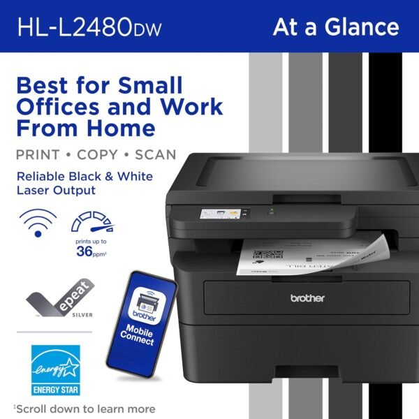 810m0fxDxrL._AC_SL1500_.jpg Brother HL-L2480DW Wireless Compact Monochrome Multi-Function Laser Printer with Copy and Scan, Duplex, Mobile, Black & White | Includes Refresh Subscription Trial(1), Amazon Dash Replenishment Ready