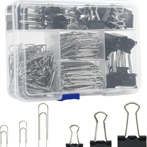 Binder Clips Paper Clips Assorted Sizes, 340pcs Black Binder Clips Jumbo Paperclips Set, Large Paper Clips for Office, School Supplies, Binder & Paper Clips in Container with Compartments