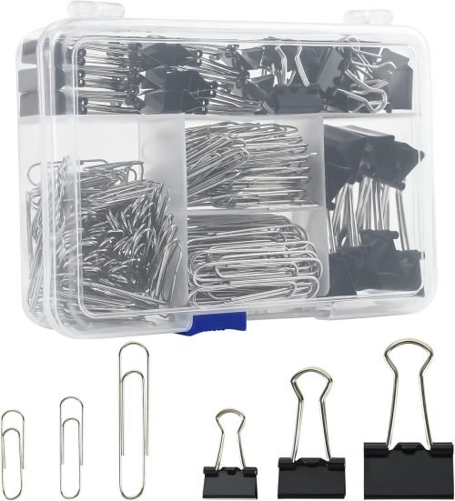 Binder Clips Paper Clips Assorted Sizes, 340pcs Black Binder Clips Jumbo Paperclips Set, Large Paper Clips for Office, School Supplies, Binder & Paper Clips in Container with Compartments
