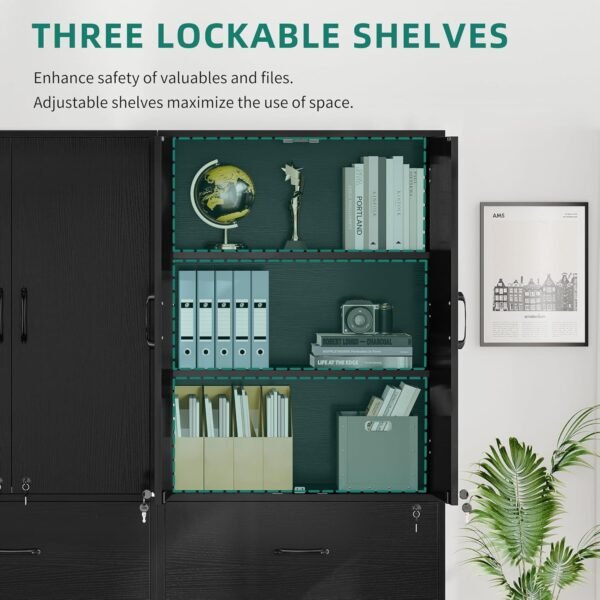 YITAHOME Wood File Cabinets, Heavy Duty Garage Tool Cabinets with Doors & Adjustable Shelves, Big Storage Filing Lockers for Home Office, Living Room, Pantry, Gym, Basement, Warehouse, Black