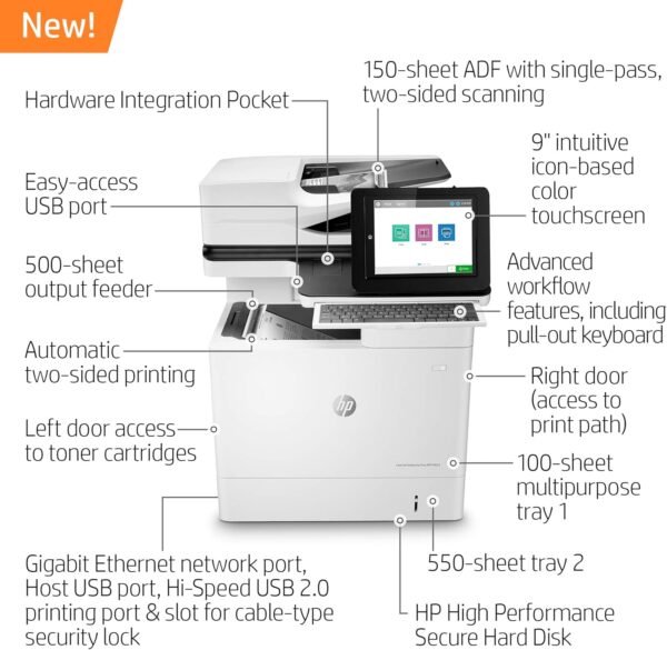HP LaserJet Enterprise Flow MFP M634h Monochrome All-in-One Printer with built-in Ethernet & 2-sided printing (7PS95A), White