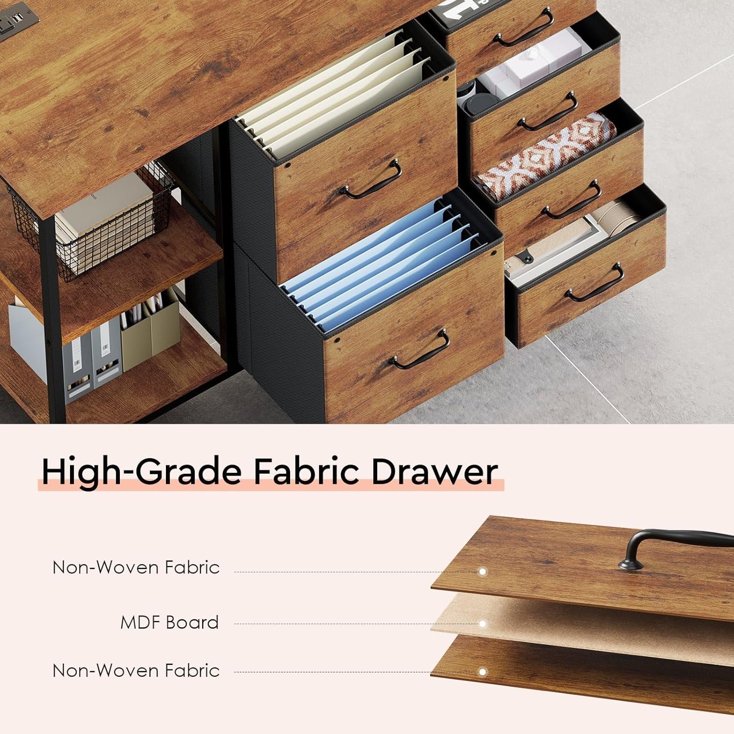 6 Drawer File Cabinet with Charging Station Rolling Printer Stand with Open Storage Shelf Fabric Lateral Filing Cabinet for Home Office,Rustic Brown2 - Image 4