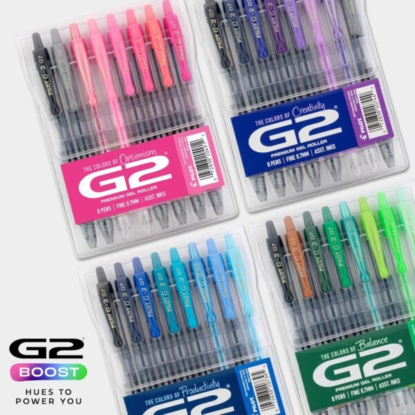 Pilot, G2 Premium Gel Roller Pens, G2 Boost Pink Pack, The Colors of Optimism, 8 Pack Pouch, Fine Point 0.7 mm, Assorted